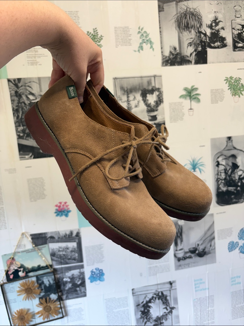 G.H. Bass & Co. Tan Suede Lace-Up Flats with Red Sole